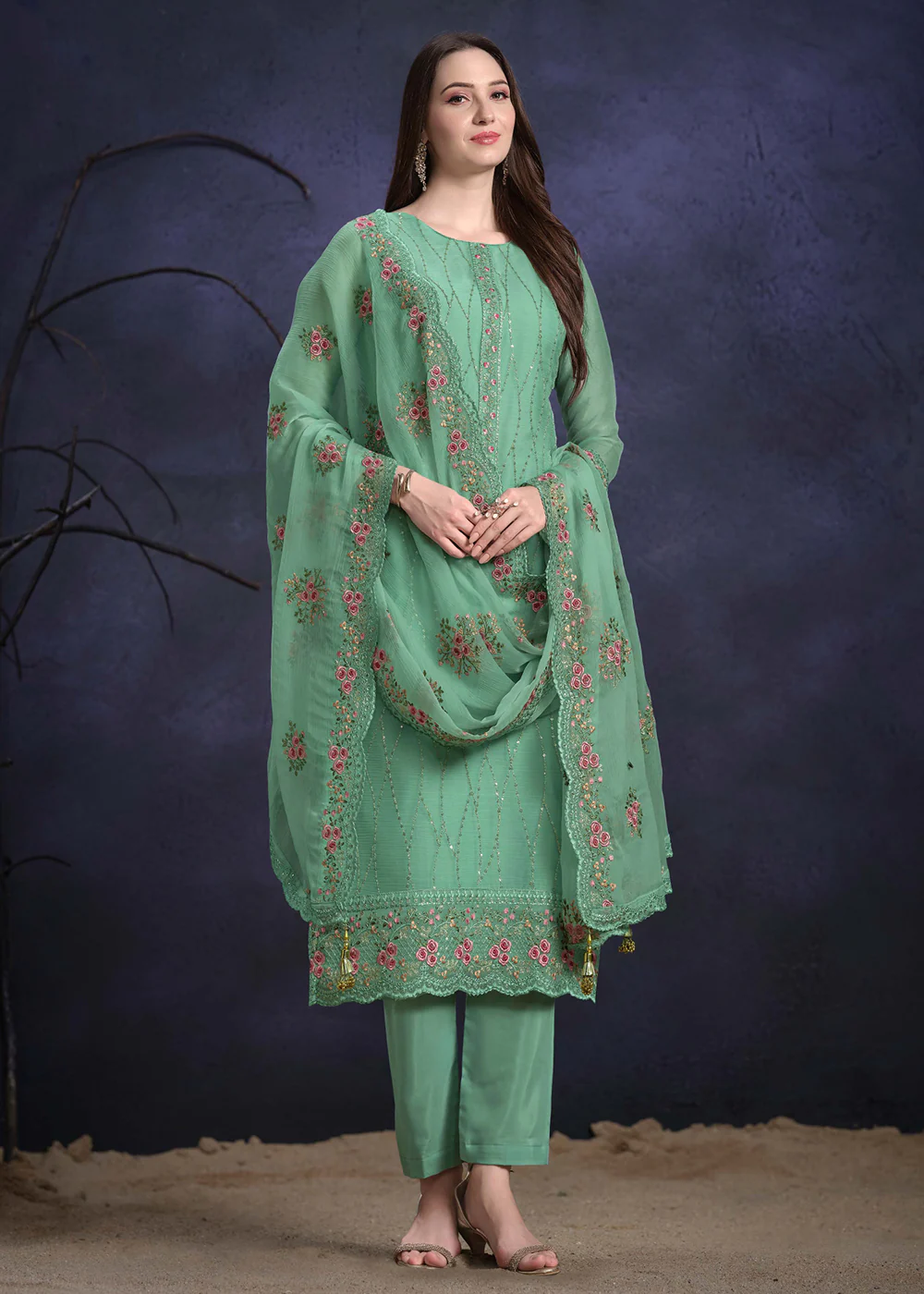 Mint Green Organza Chiffon Embroidered Festive Salwar Suit