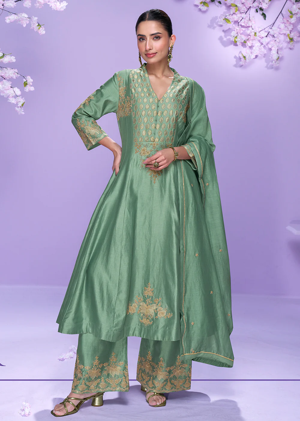 Mint Green Roman Silk Long Cut Palazzo Suit