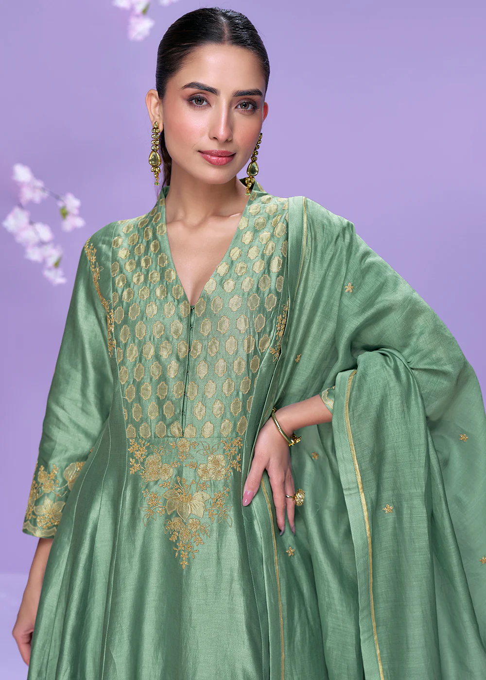 Mint Green Roman Silk Long Cut Palazzo Suit - Image 2