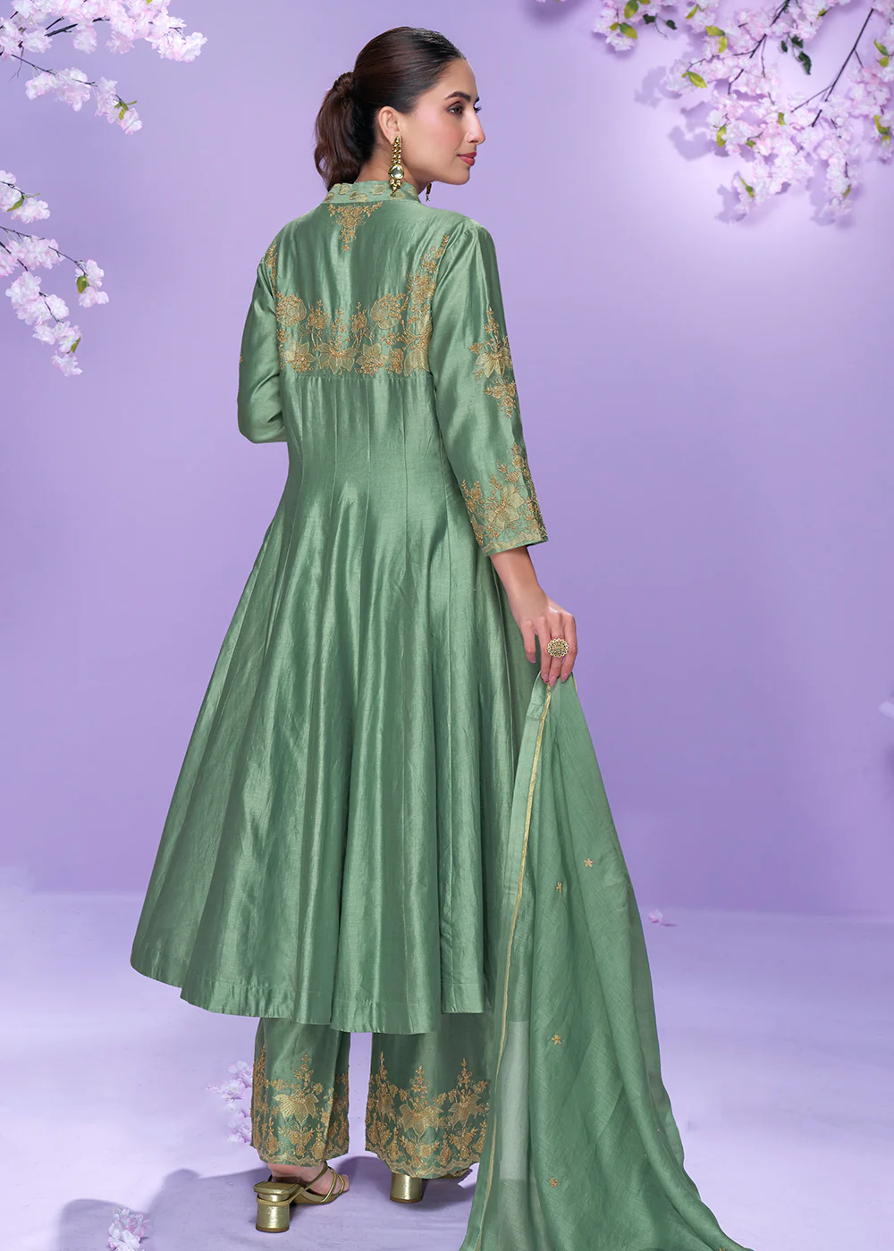 Mint Green Roman Silk Long Cut Palazzo Suit - Image 3