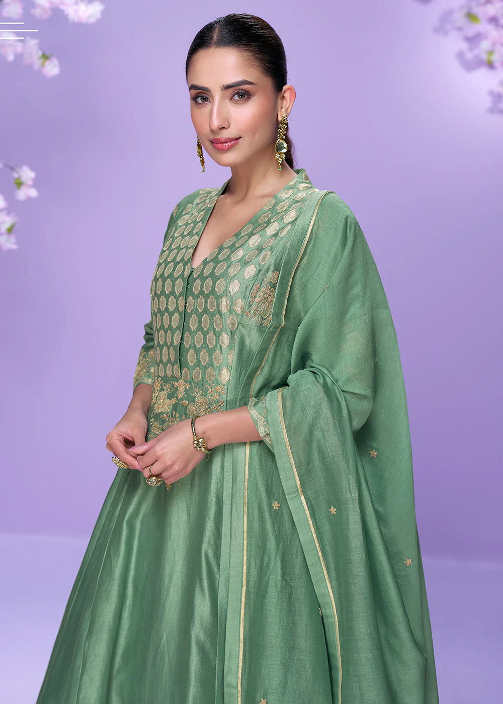 Mint Green Roman Silk Long Cut Palazzo Suit - Image 4