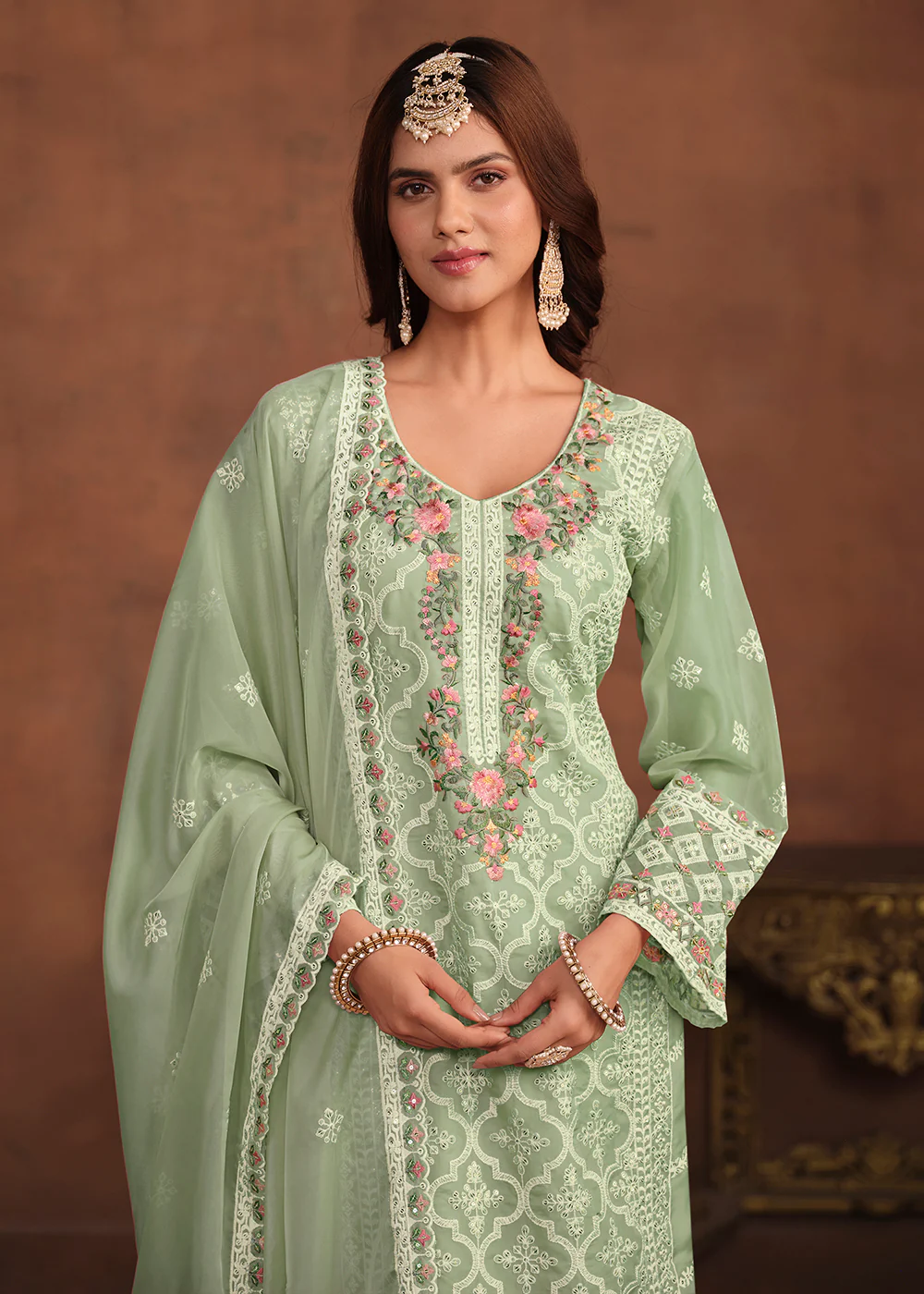 Mint Green Soft Organza Embroidered Festive Salwar Suit - Image 2