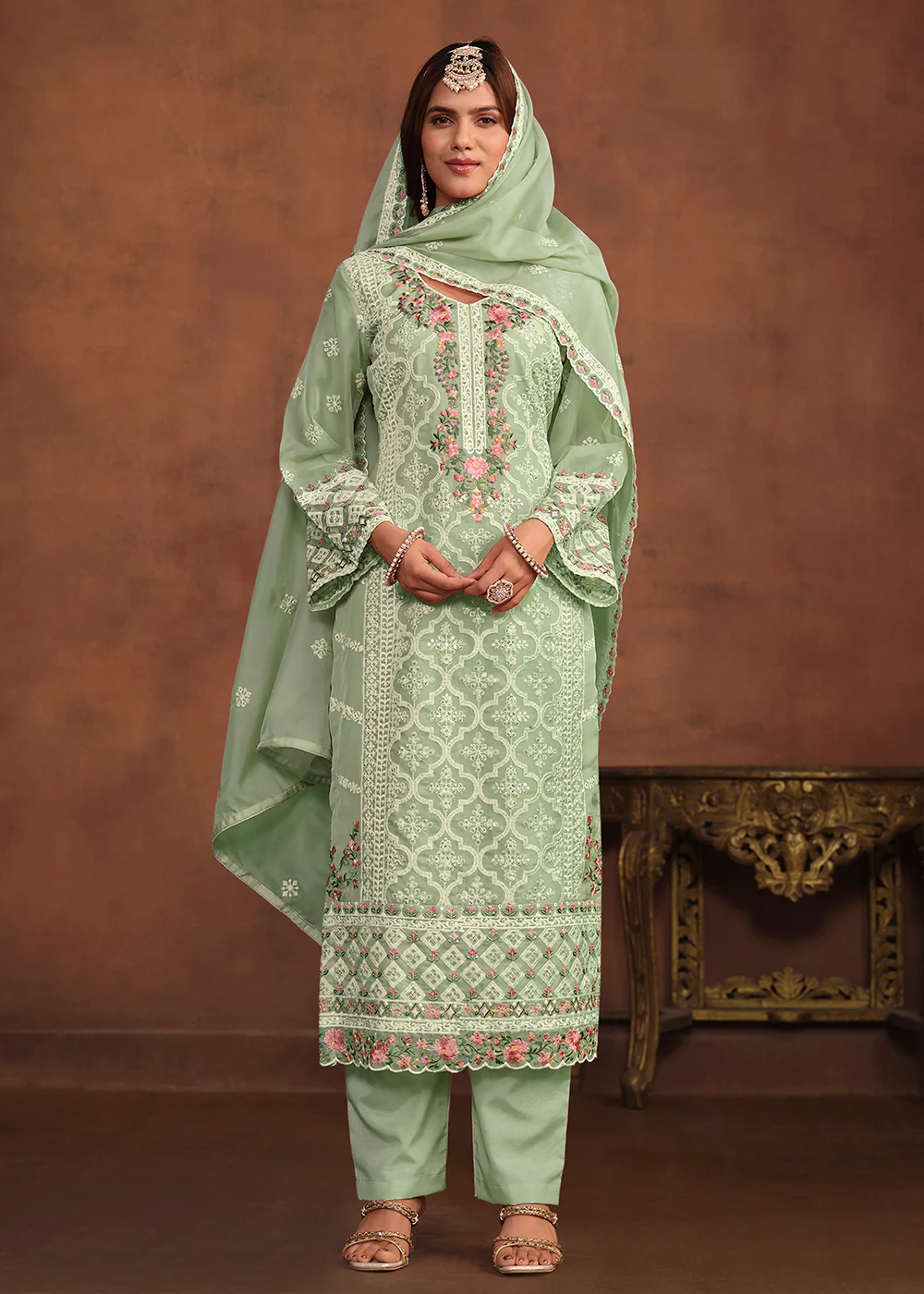 Mint Green Soft Organza Embroidered Festive Salwar Suit - Image 3