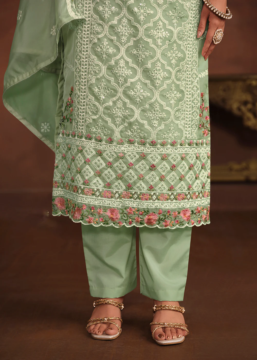 Mint Green Soft Organza Embroidered Festive Salwar Suit - Image 4