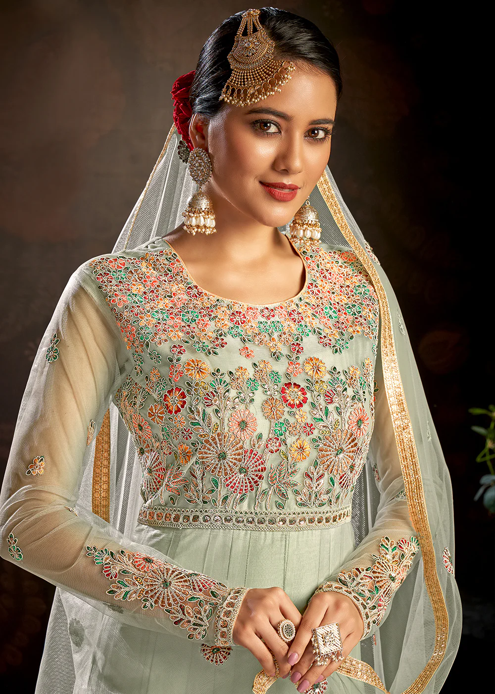 Mint Green Sparkly Net Embroidered Designer Anarkali Suit - Image 2