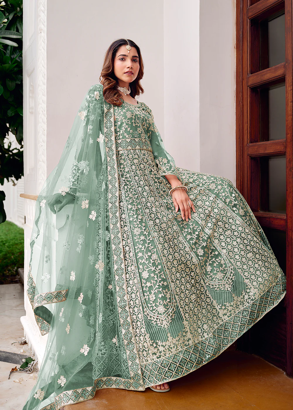 Mint Green Stone & Mirror Work Wedding Anarkali Suit - Image 4