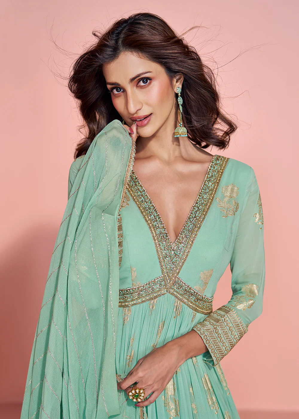 Mint Green Viscose Jacquard Silk Heavy Anarkali Gown - Image 2