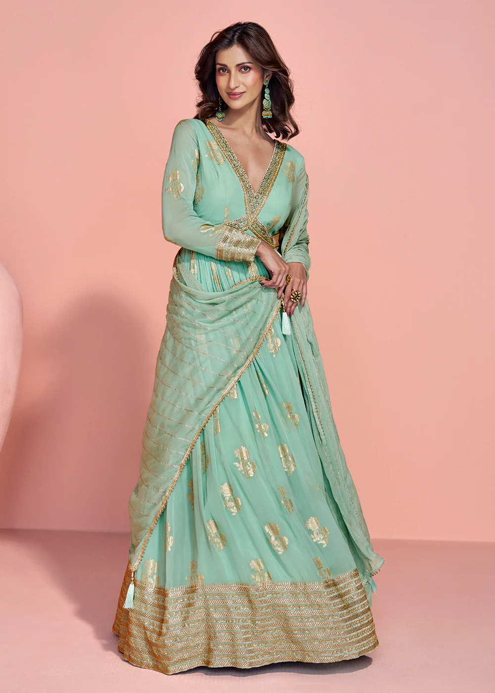 Mint Green Viscose Jacquard Silk Heavy Anarkali Gown - Image 3