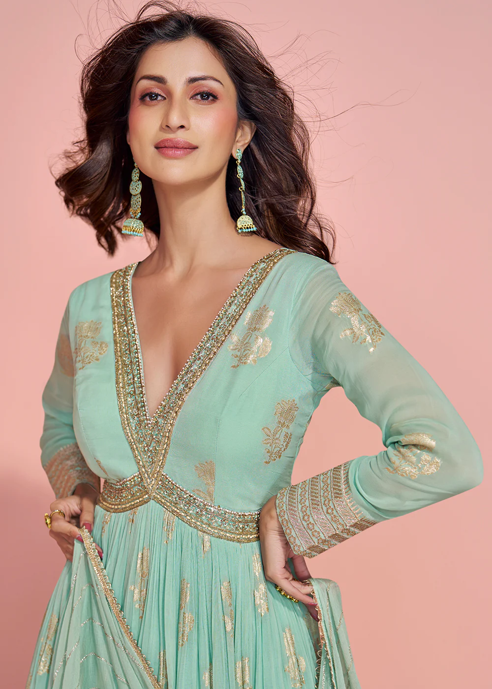 Mint Green Viscose Jacquard Silk Heavy Anarkali Gown - Image 4