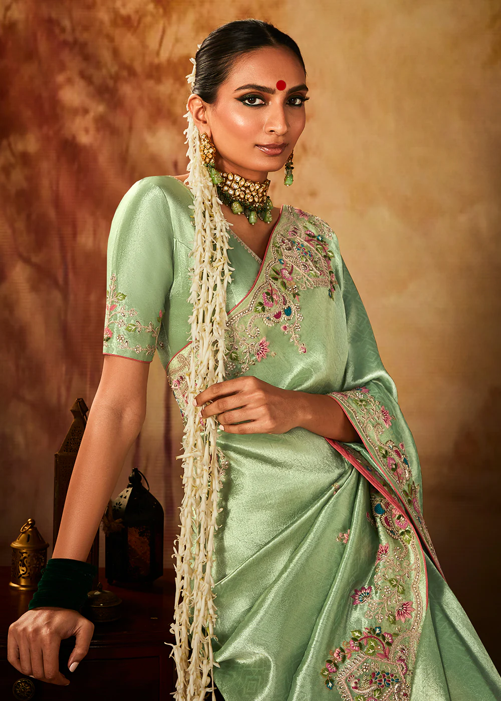 Mint Green Wedding Wear Embroidered Kanjivaram Silk Saree - Image 2