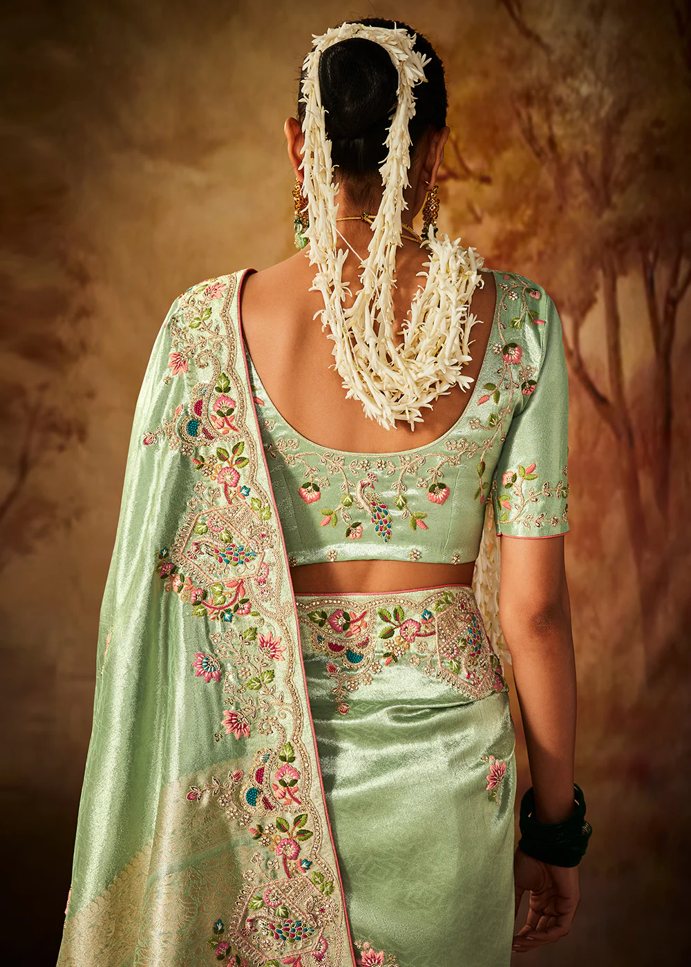 Mint Green Wedding Wear Embroidered Kanjivaram Silk Saree - Image 3