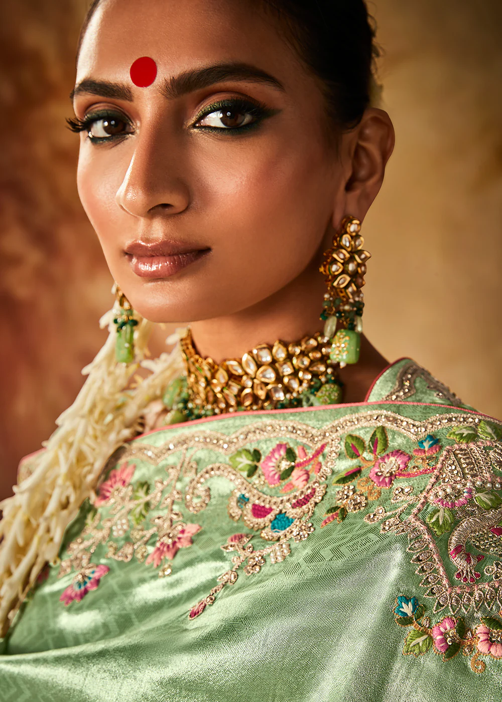 Mint Green Wedding Wear Embroidered Kanjivaram Silk Saree - Image 4