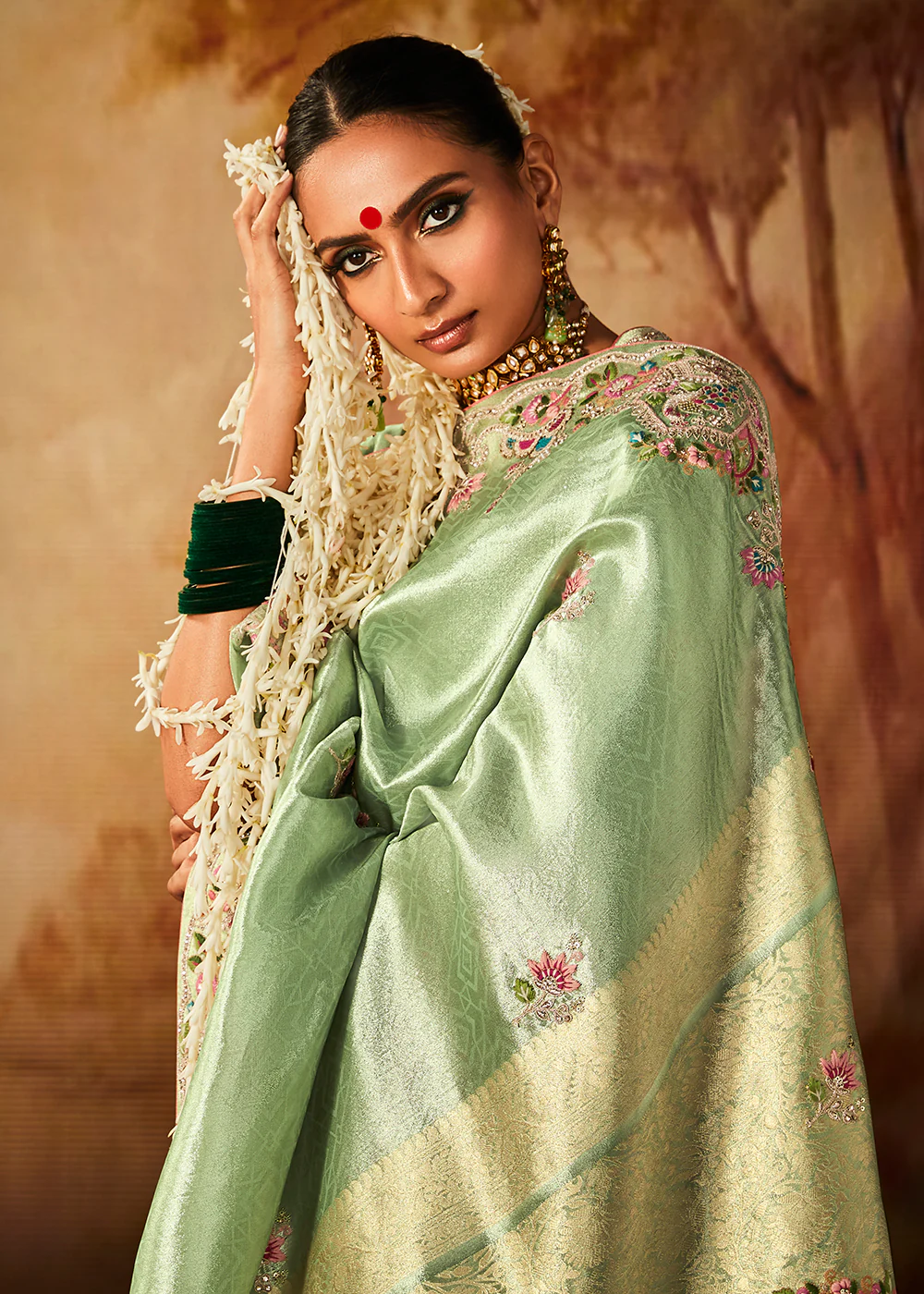Mint Green Wedding Wear Embroidered Kanjivaram Silk Saree - Image 5
