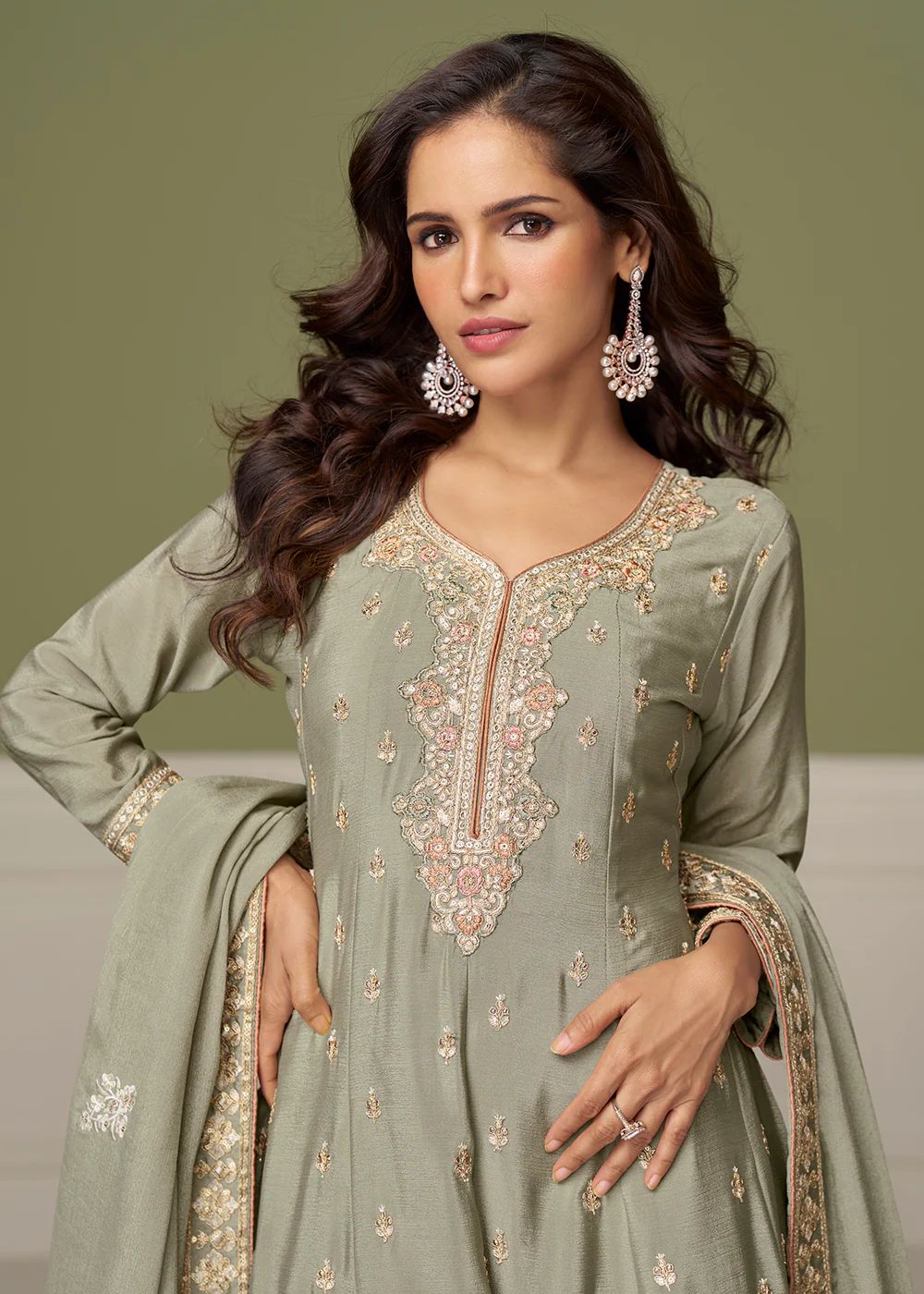 Mint Grey Beautiful Embroidered Festive Palazzo Suit - Image 2
