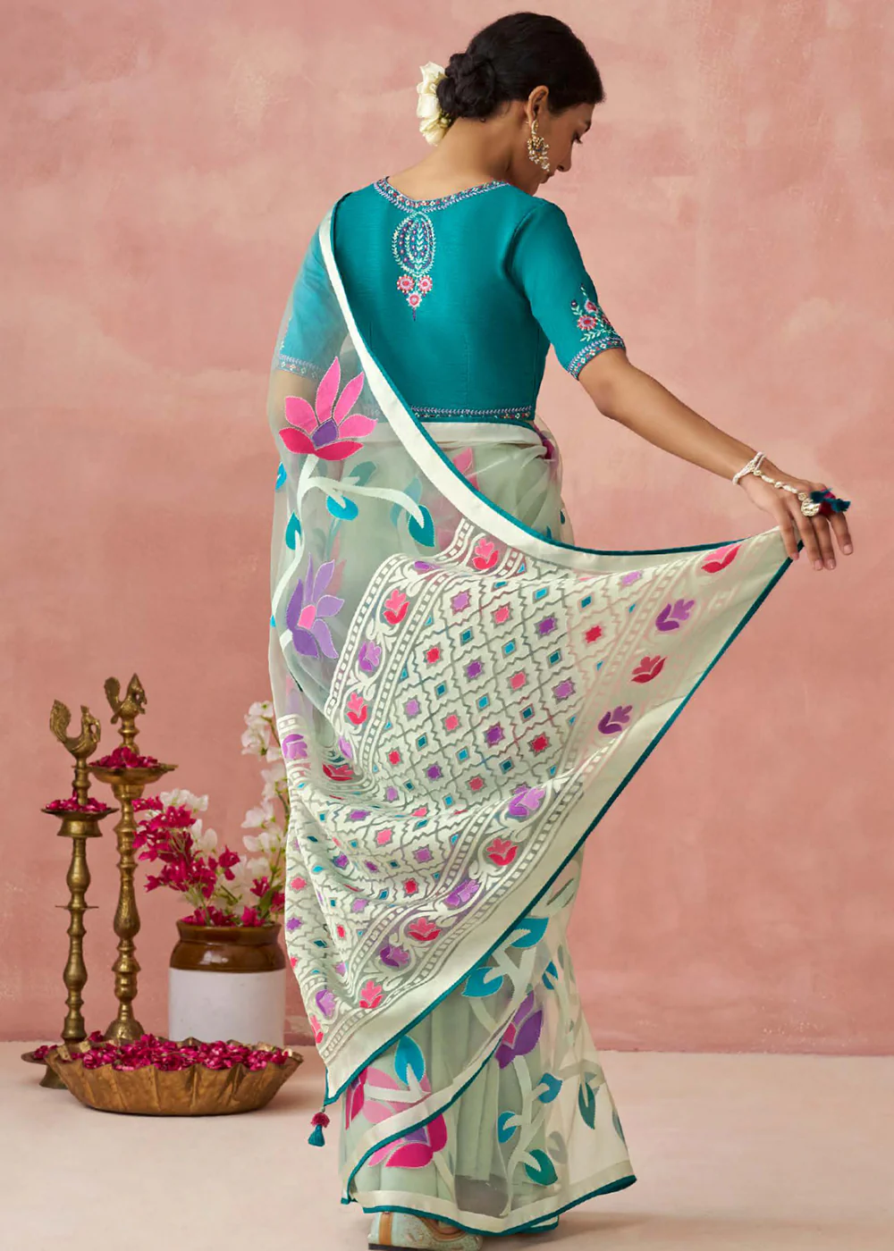 Mint Grey Soft Brasso Organza Printed Festive Classic Saree - Image 3