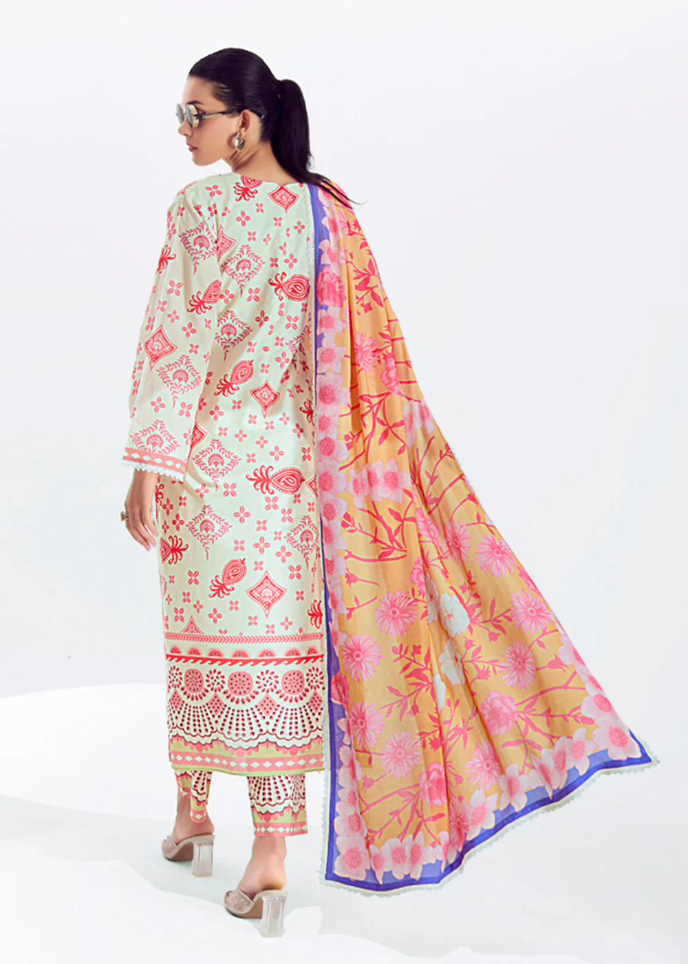 Off White & Orange Lawn Cotton Printed Trendy Salwar Suit - Image 3