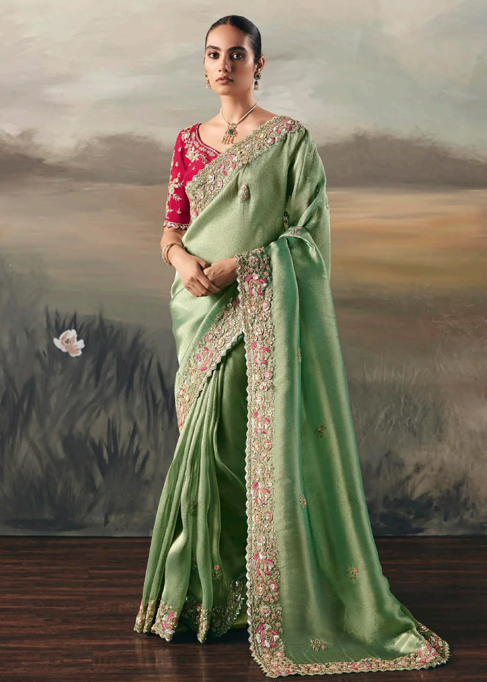 Mint Premium Tissue Zari Fabric Designer Saree
