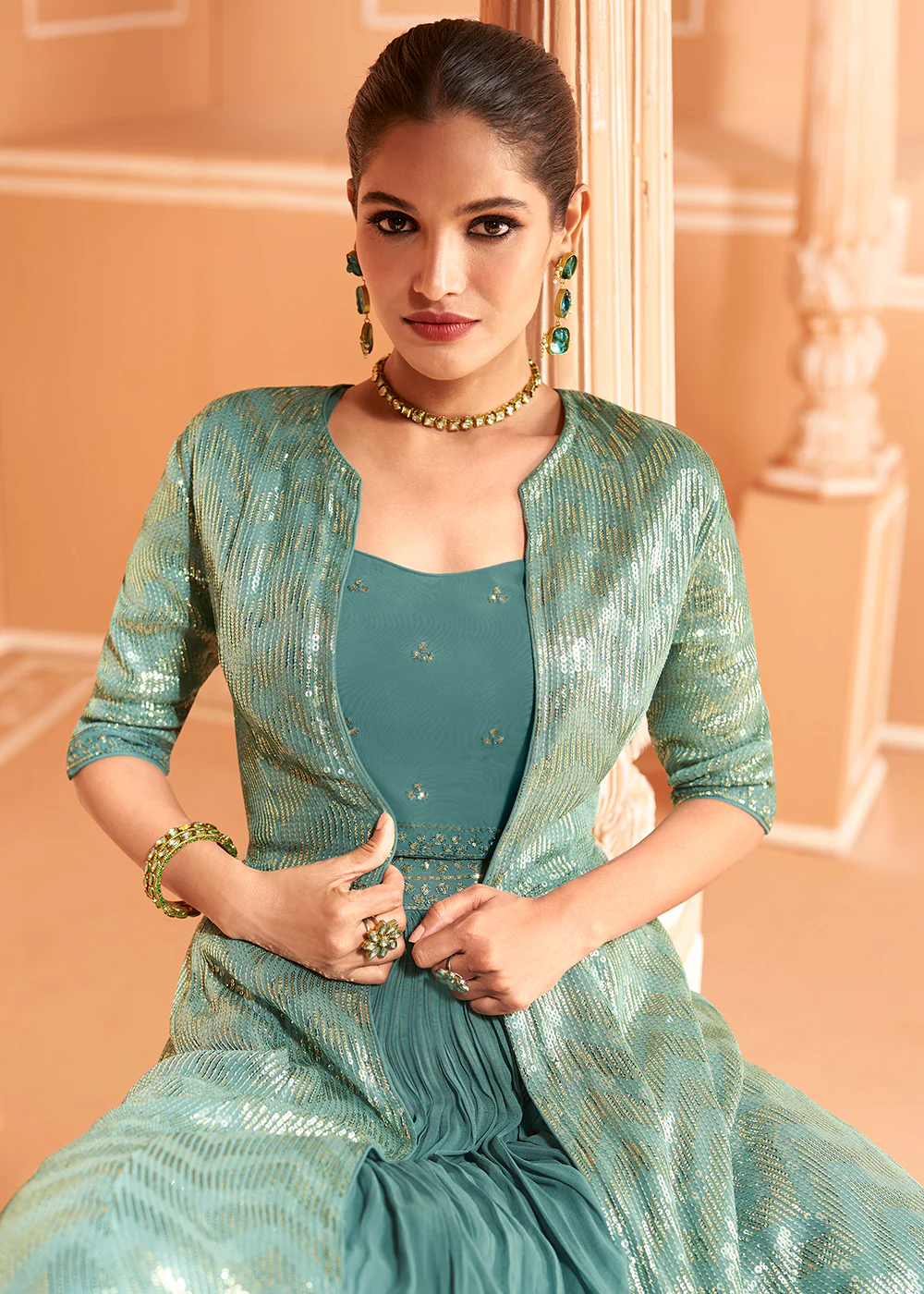 Mint Teal Embroidered Chinnon Jacket Style Lehenga Choli - Image 2