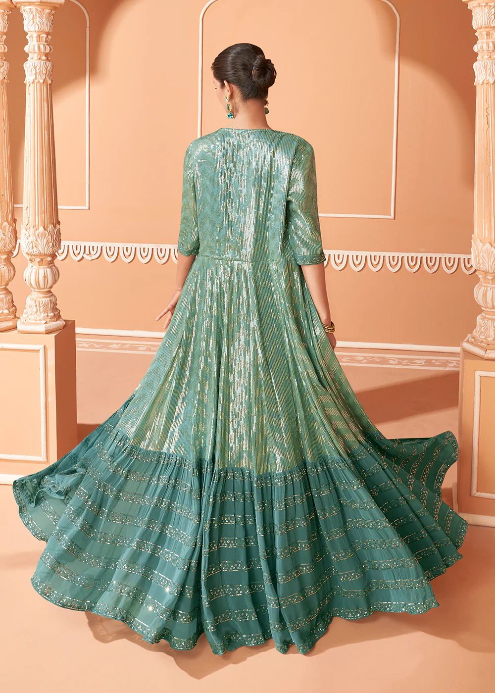 Mint Teal Embroidered Chinnon Jacket Style Lehenga Choli - Image 3