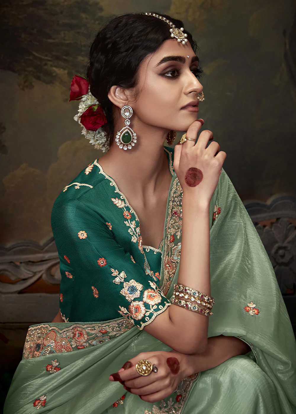 Mint Teal Fancy Fabric Embroidered Festive Saree - Image 2