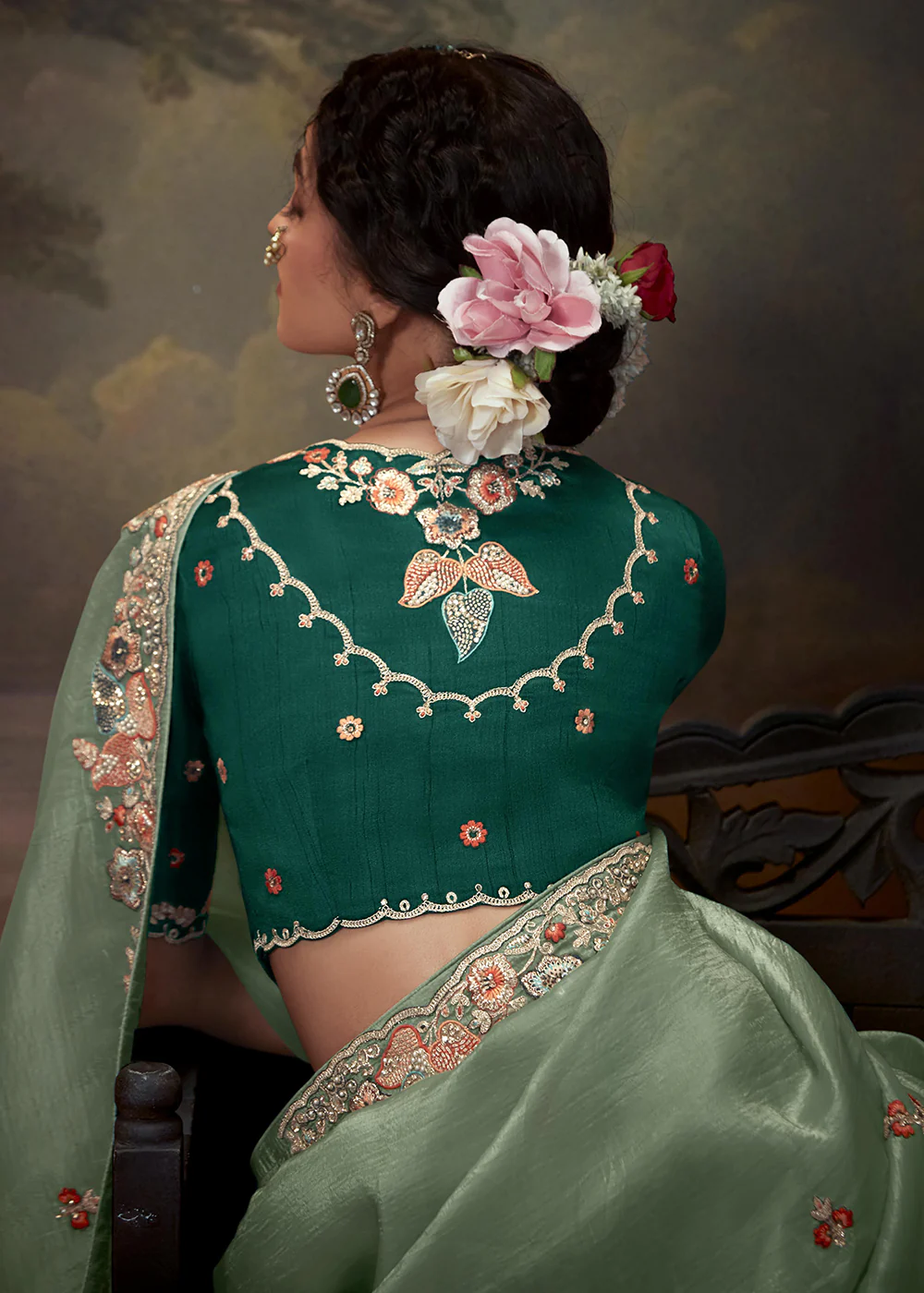 Mint Teal Fancy Fabric Embroidered Festive Saree - Image 3