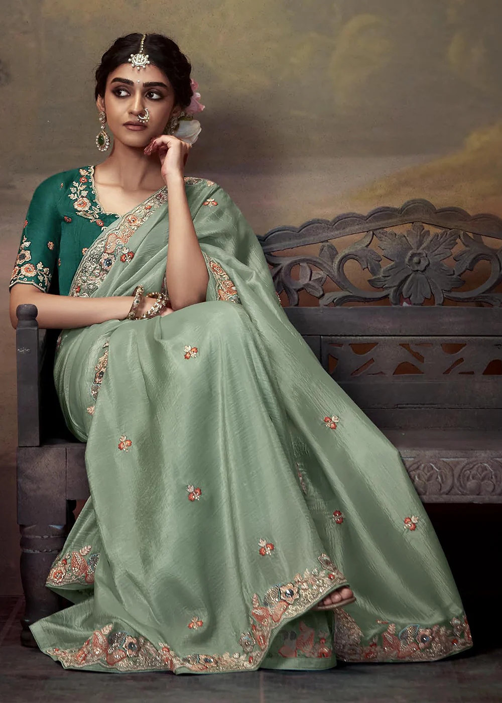 Mint Teal Fancy Fabric Embroidered Festive Saree - Image 4