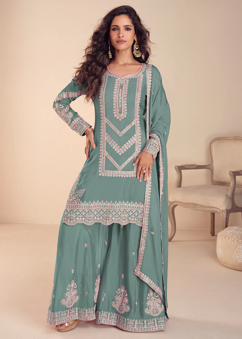Mint Teal Festive Designer Style Palazzo Suit