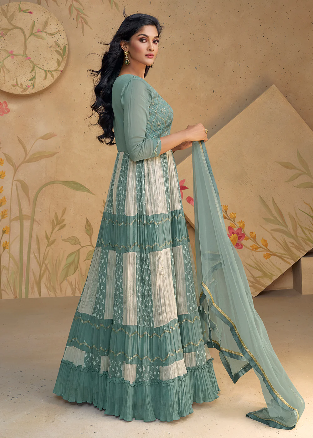 Mint Teal Sequins & Thread Wedding Festive Anarkali Dress - Image 3