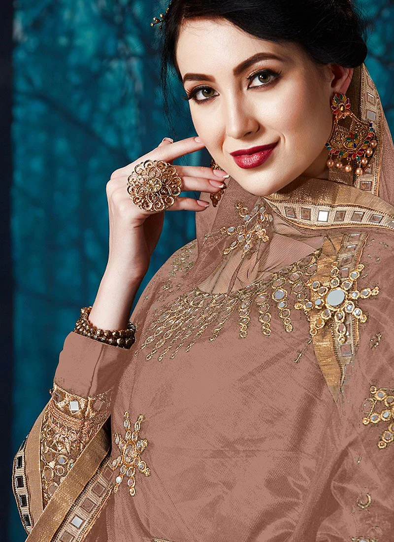Mirror Work Brown Faux Georgette Anarkali Suit - Image 2