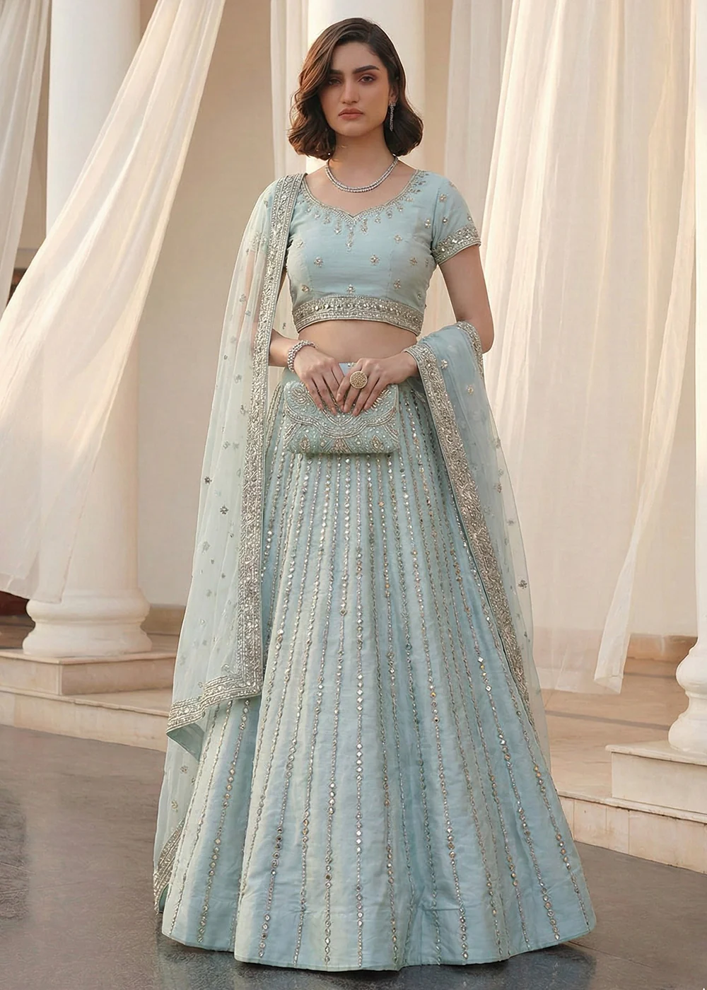 Mirror Work Pastel Blue Wedding Wear Lehenga Choli