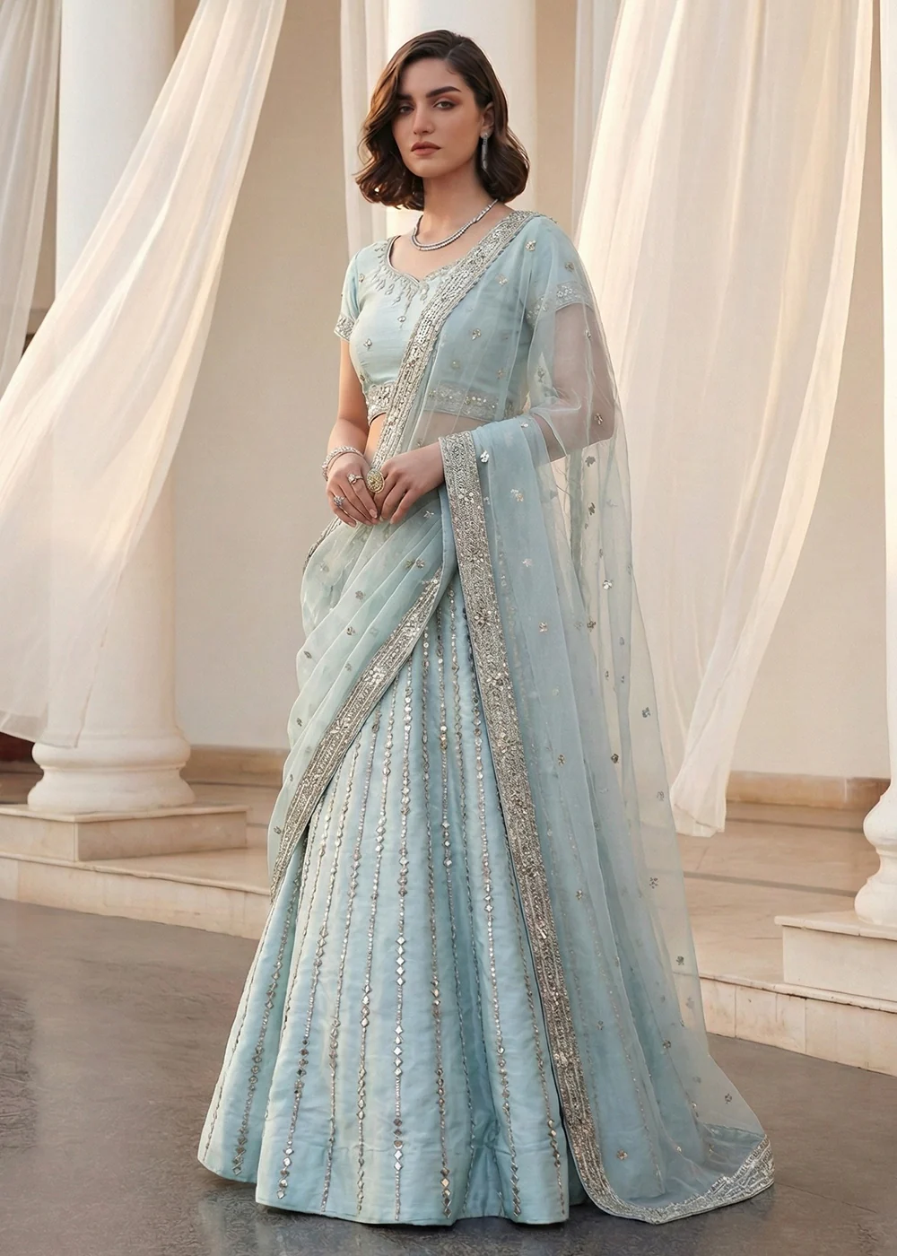 Mirror Work Pastel Blue Wedding Wear Lehenga Choli - Image 2