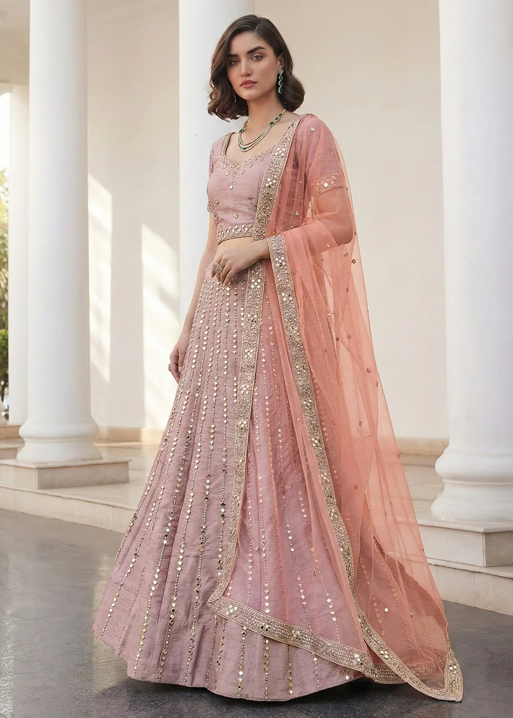 Mirror Work Pastel Pink Wedding Wear Lehenga Choli