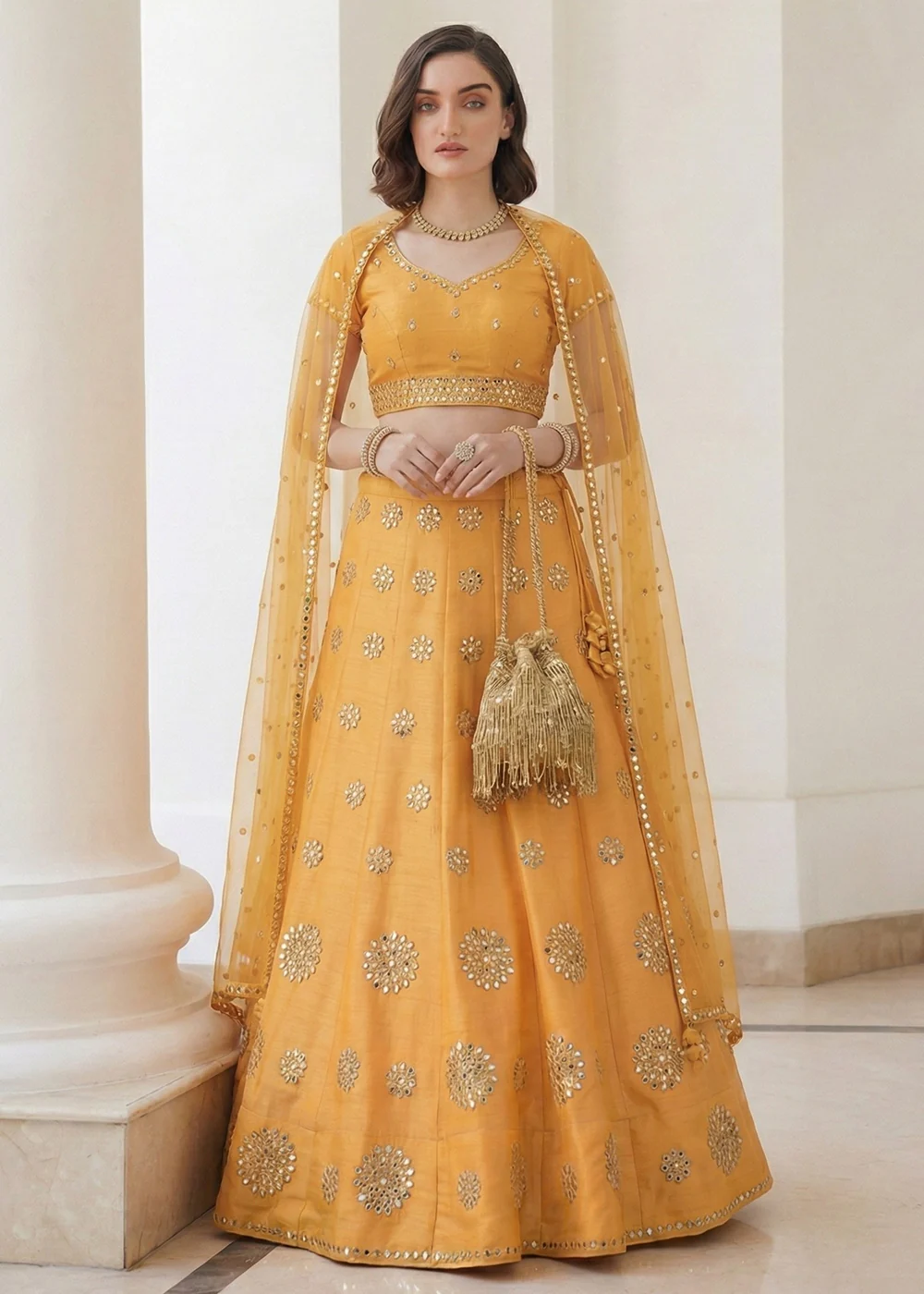 Mirror Work Pastel Yellow Wedding Wear Lehenga Choli