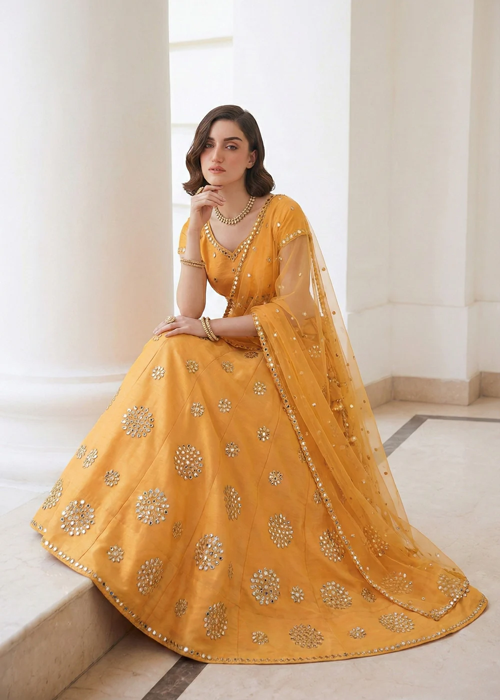 Mirror Work Pastel Yellow Wedding Wear Lehenga Choli - Image 3