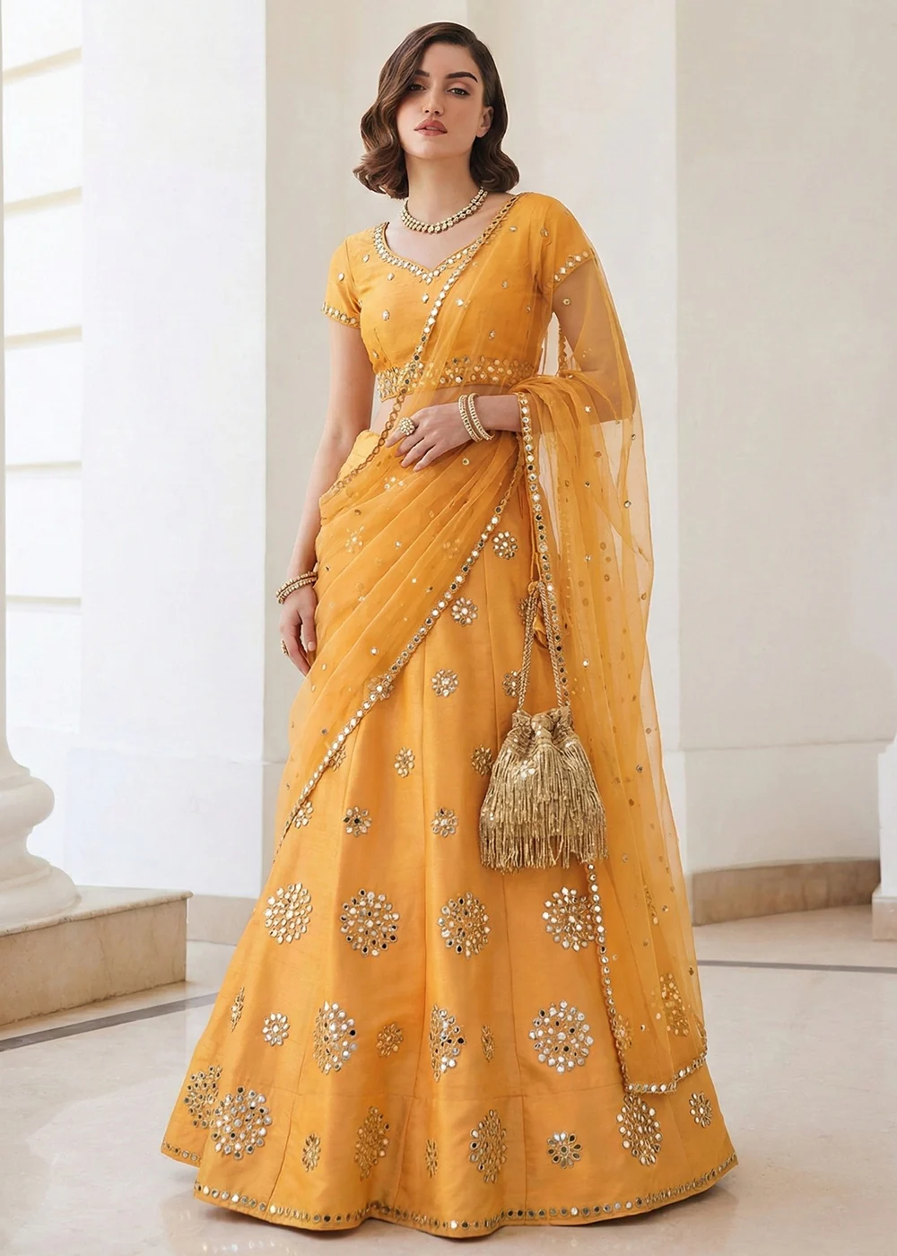 Mirror Work Pastel Yellow Wedding Wear Lehenga Choli - Image 4