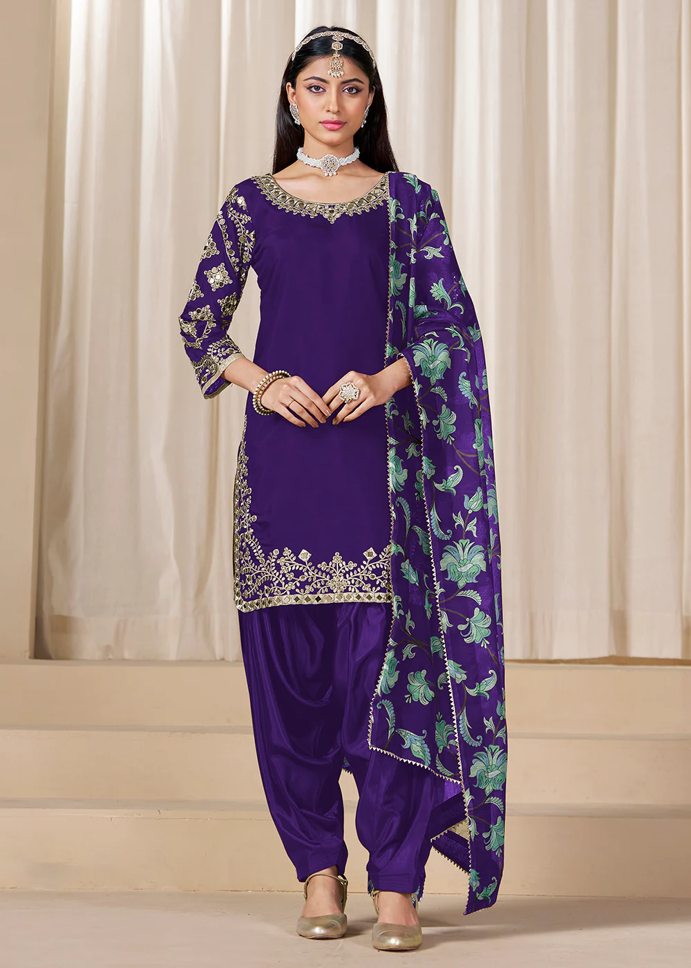 Mirror Work Purple Embroidered Punjabi Suit