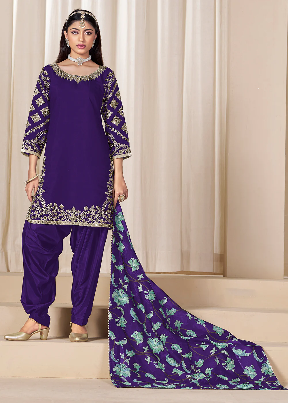 Mirror Work Purple Embroidered Punjabi Suit - Image 3