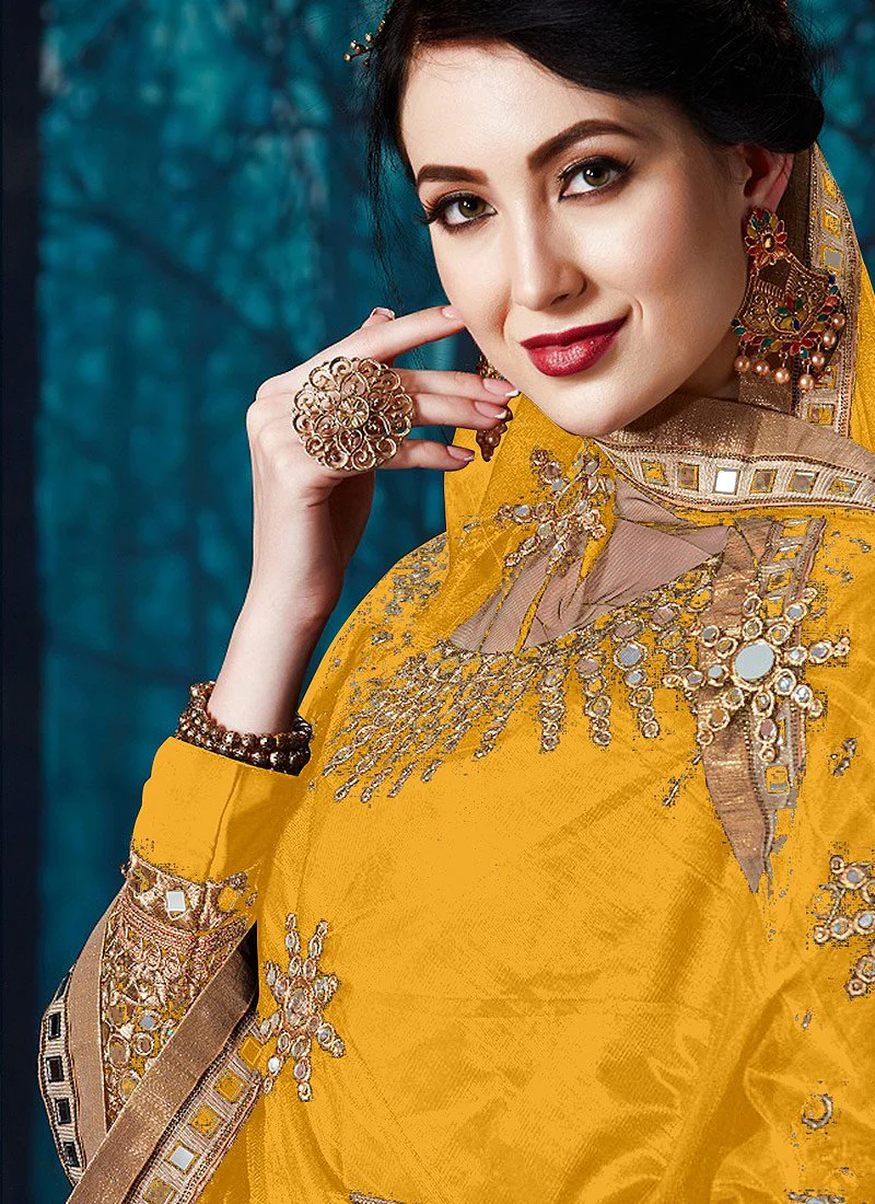 Mirror Work Yellow Faux Georgette Anarkali Suit - Image 2