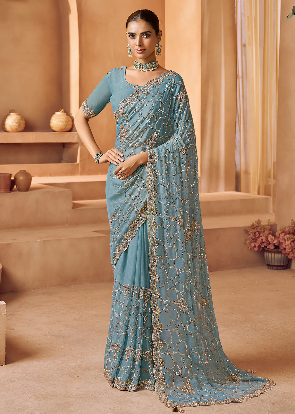 Mist Blue Tissue Silk Heavy Embroidered Designer Saree