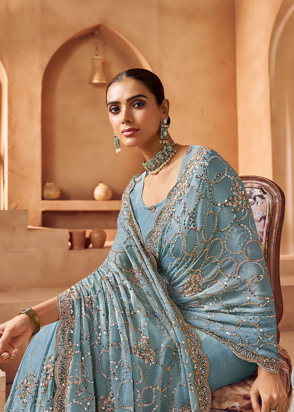 Mist Blue Tissue Silk Heavy Embroidered Designer Saree - Image 2
