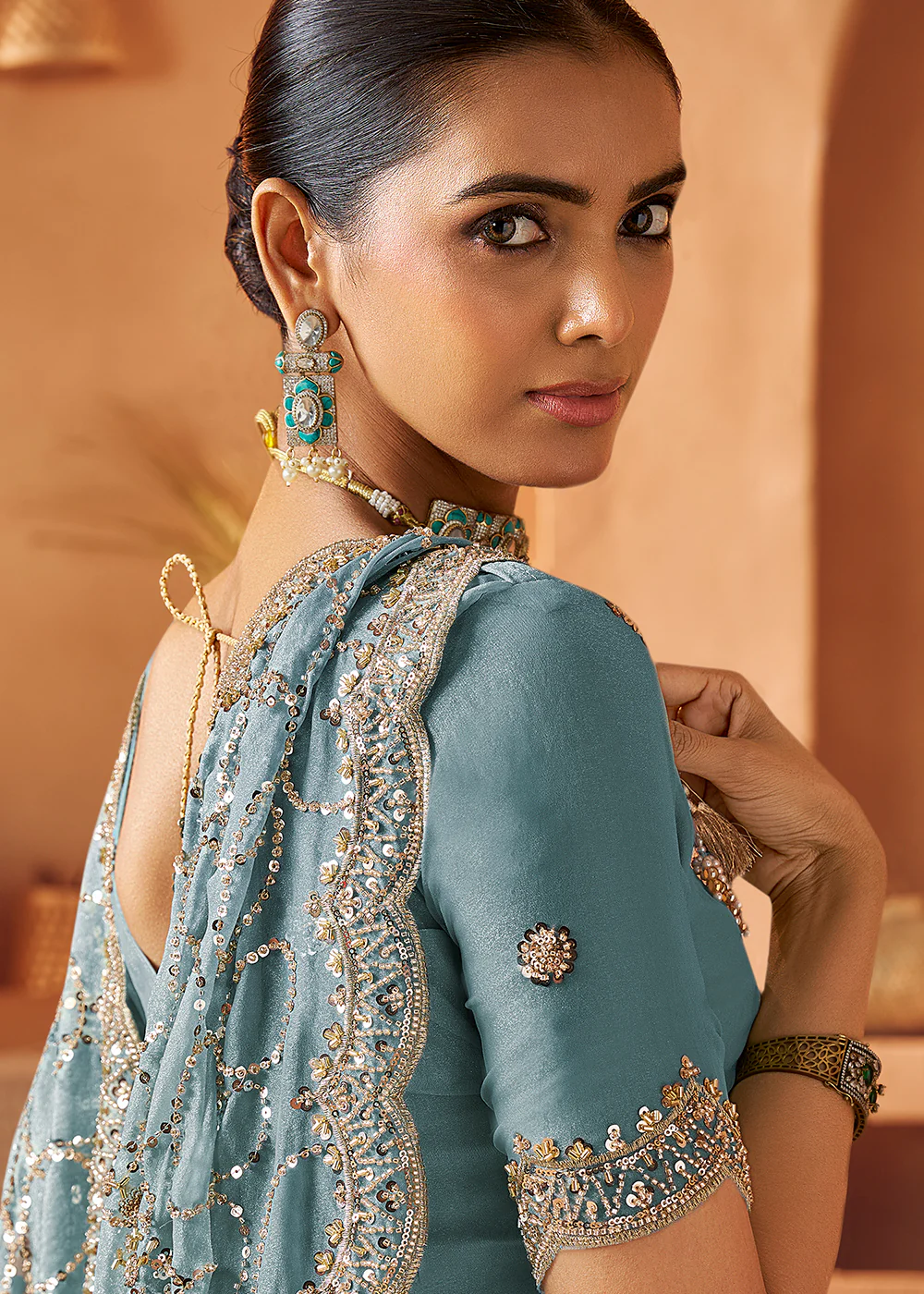 Mist Blue Tissue Silk Heavy Embroidered Designer Saree - Image 3