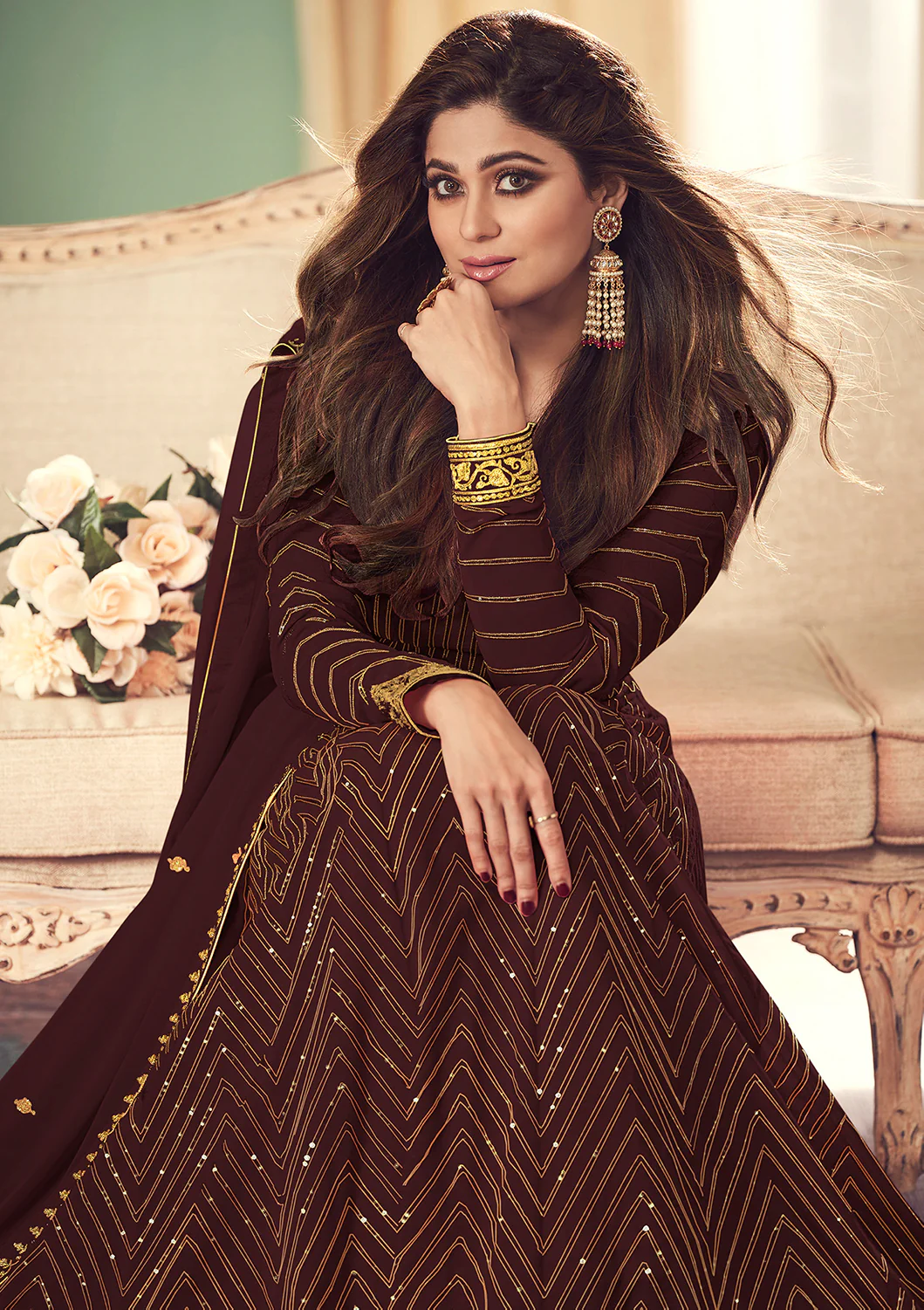 Mocha Brown Belt Style Anarkali Featuring Shamita Shetty - Image 2