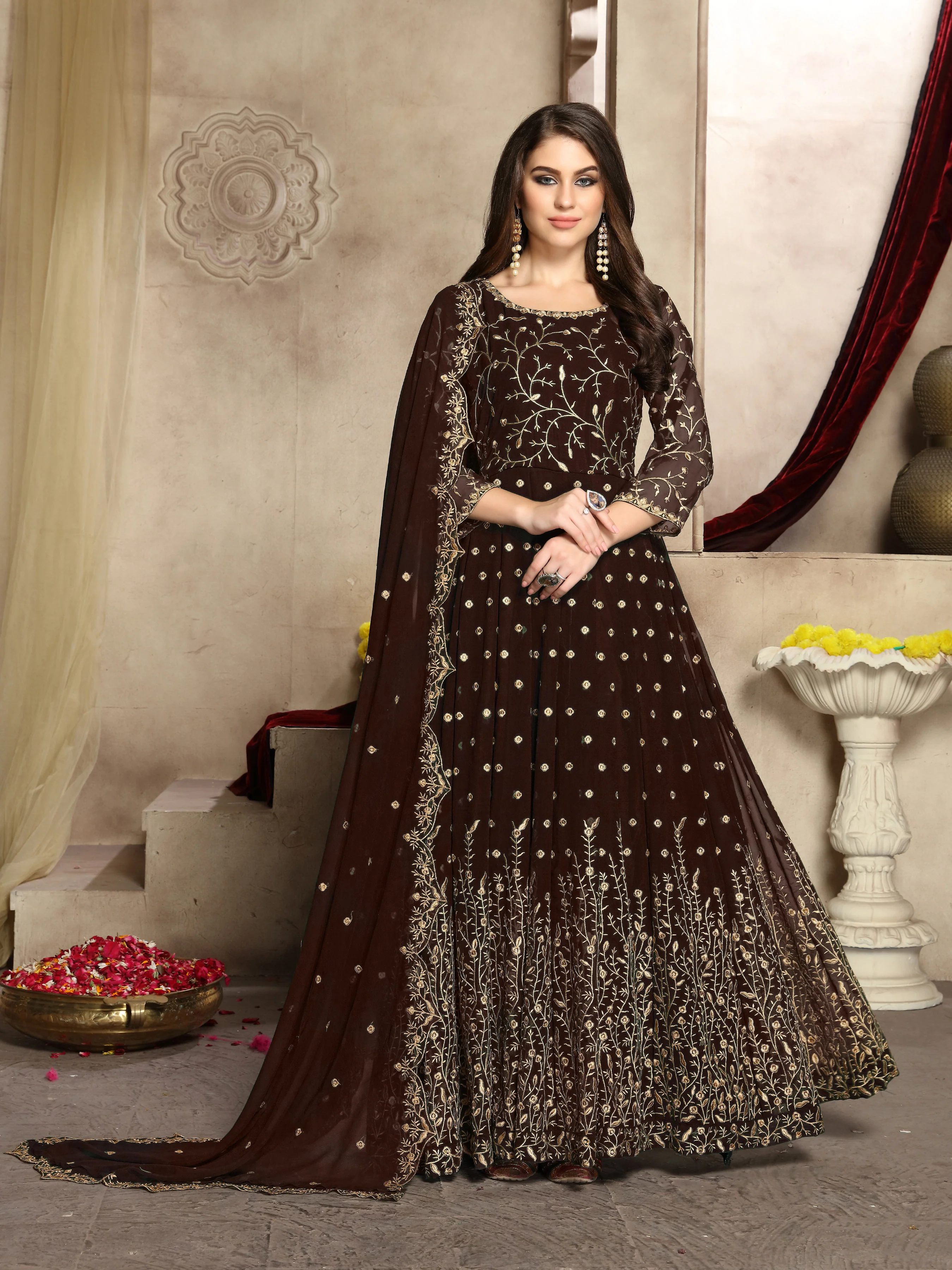 Mocha Brown Heavy Embroidered Georgette Anarkali Suit
