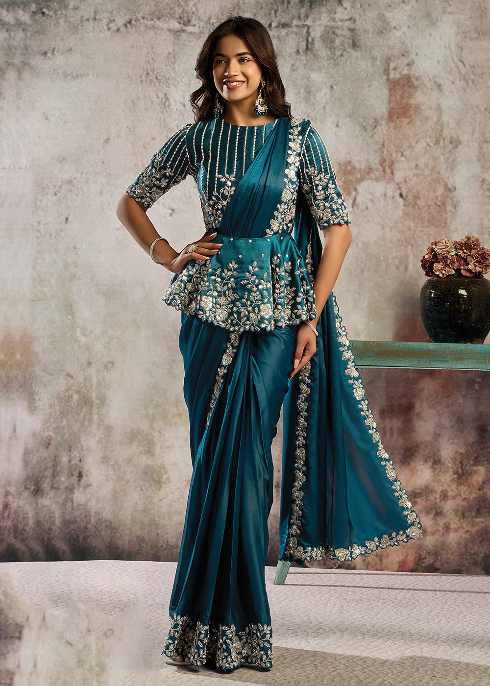 Morpich Blue Designer Party Wear Pre Draped Saree