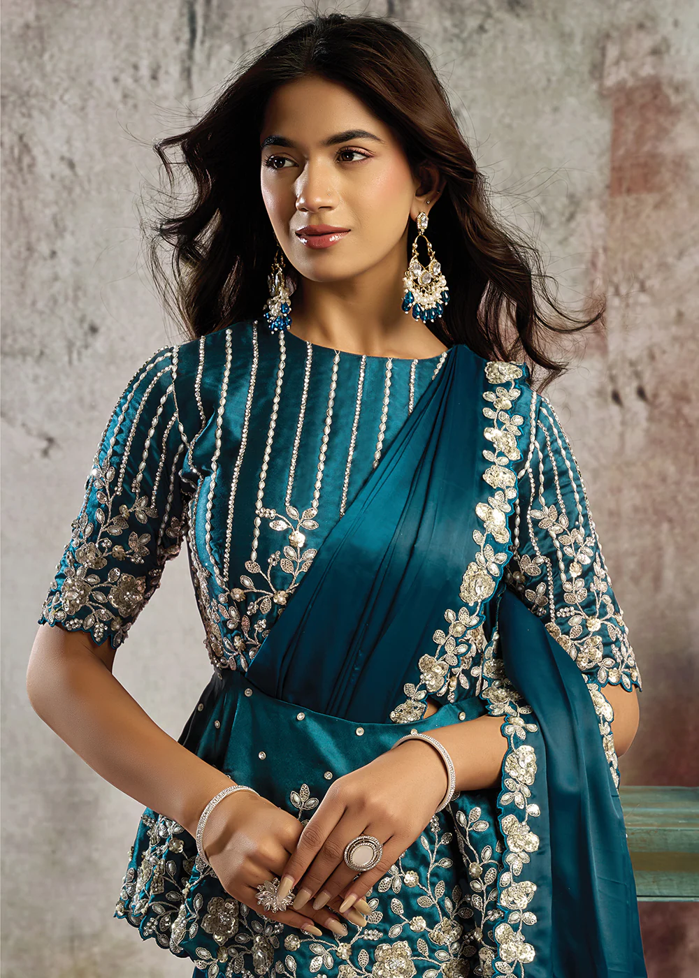 Morpich Blue Designer Party Wear Pre Draped Saree - Image 2