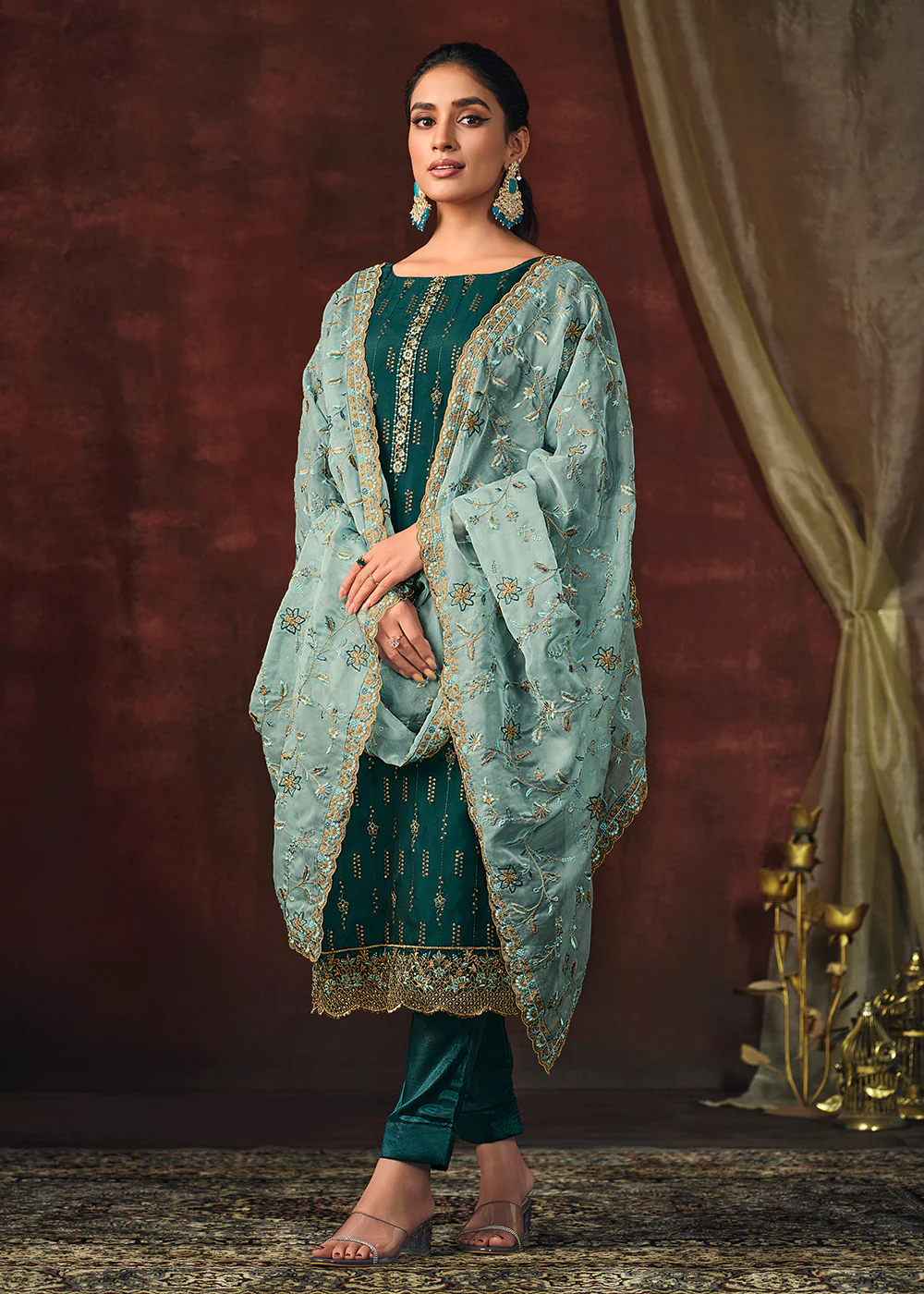 Morpich Green Shimmer Organza Embroidered Wedding Salwar Suit