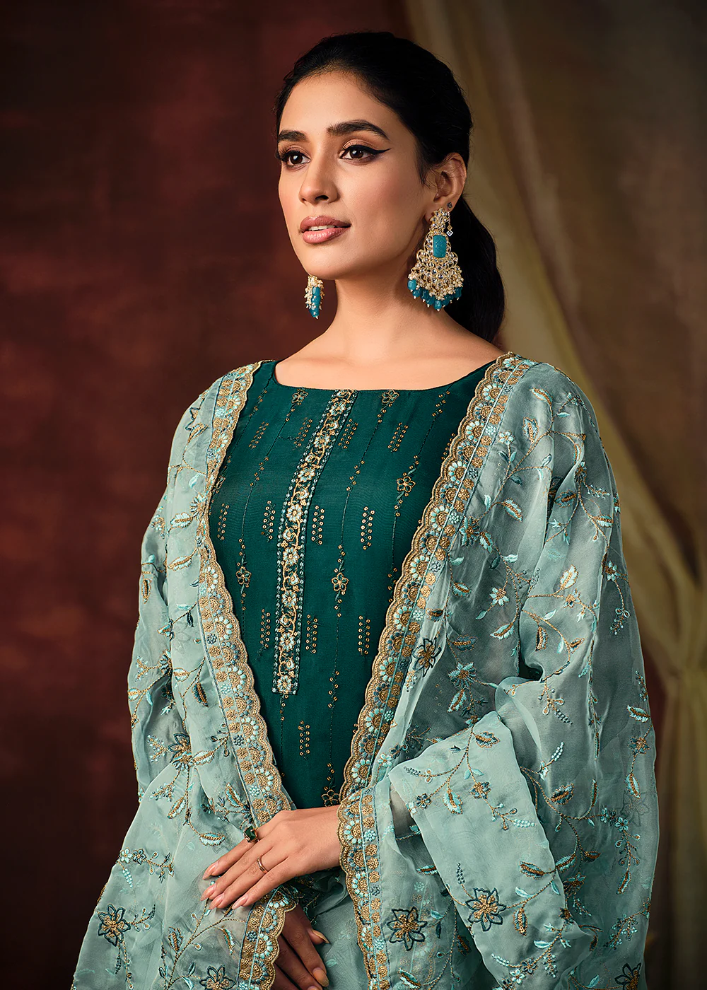 Morpich Green Shimmer Organza Embroidered Wedding Salwar Suit - Image 2