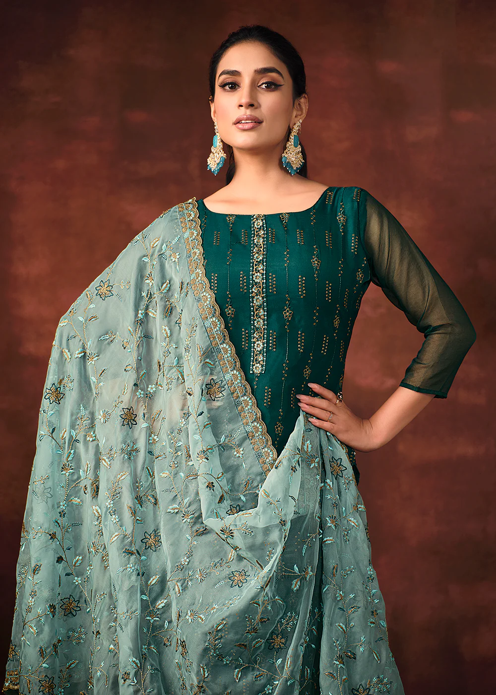 Morpich Green Shimmer Organza Embroidered Wedding Salwar Suit - Image 3