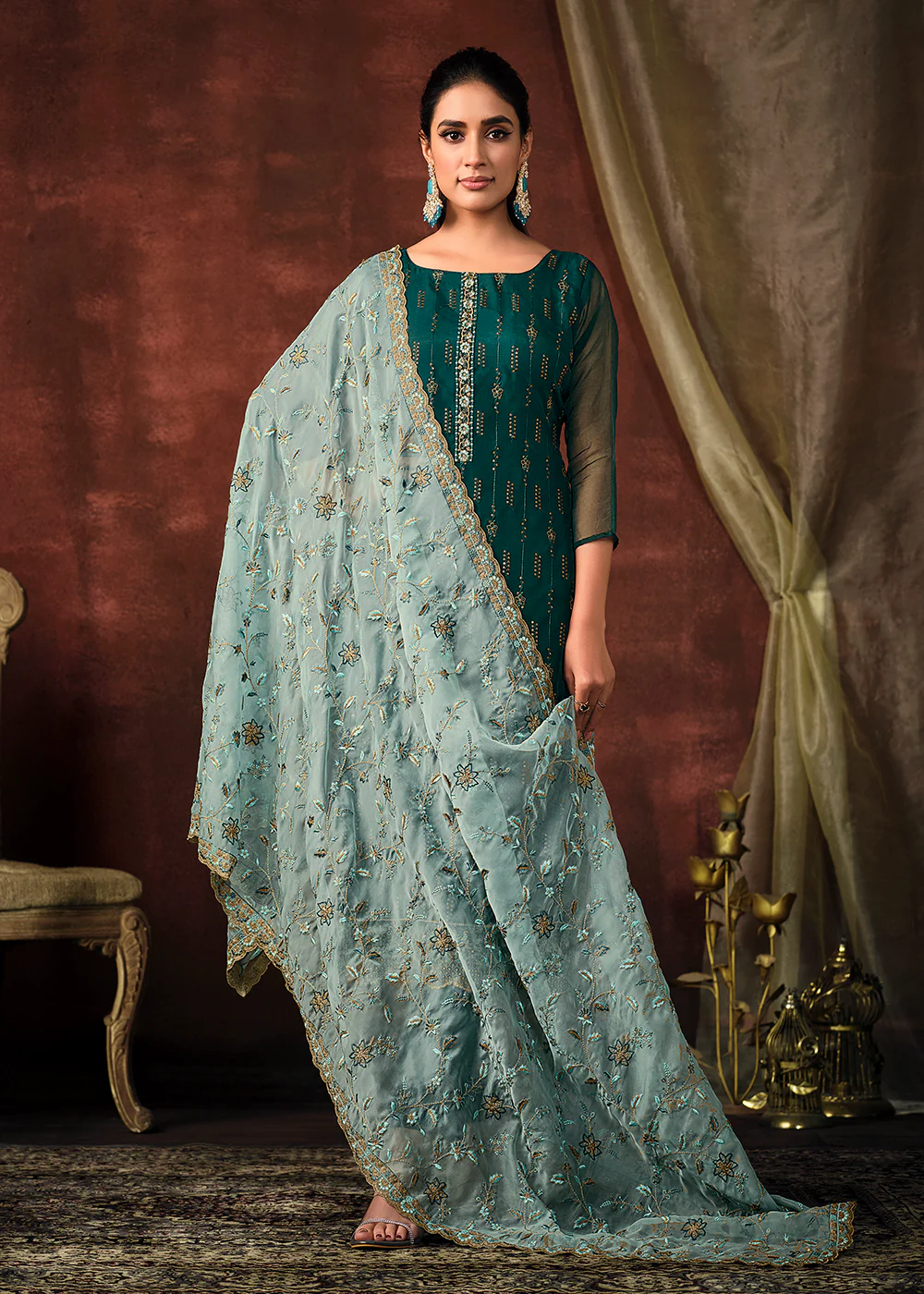 Morpich Green Shimmer Organza Embroidered Wedding Salwar Suit - Image 4
