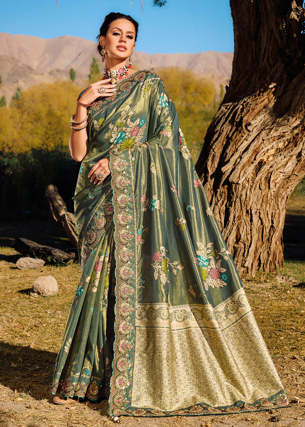 Moss Green Banarasi Pure Zari Fabric Designer Saree